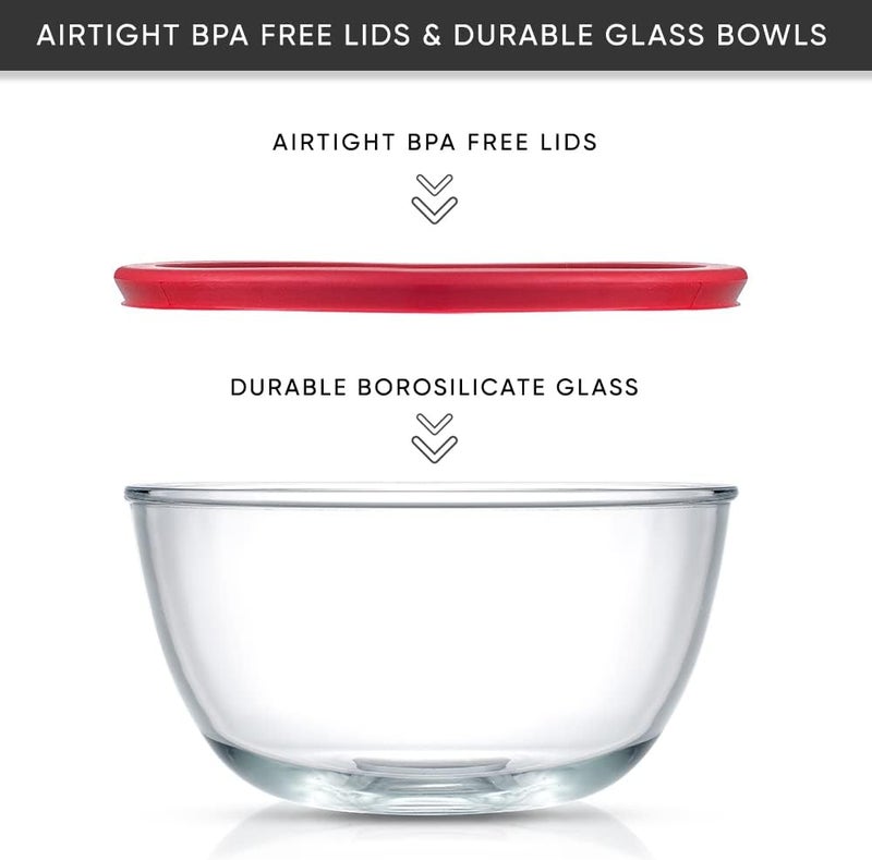 JoyJolt Kitchen Mixing Bowls - 8pc Glass with Lids Set – Neat Nesting Large Bowl Batter Cooking Storage and Big Salad BPA-Free Red - Image 3